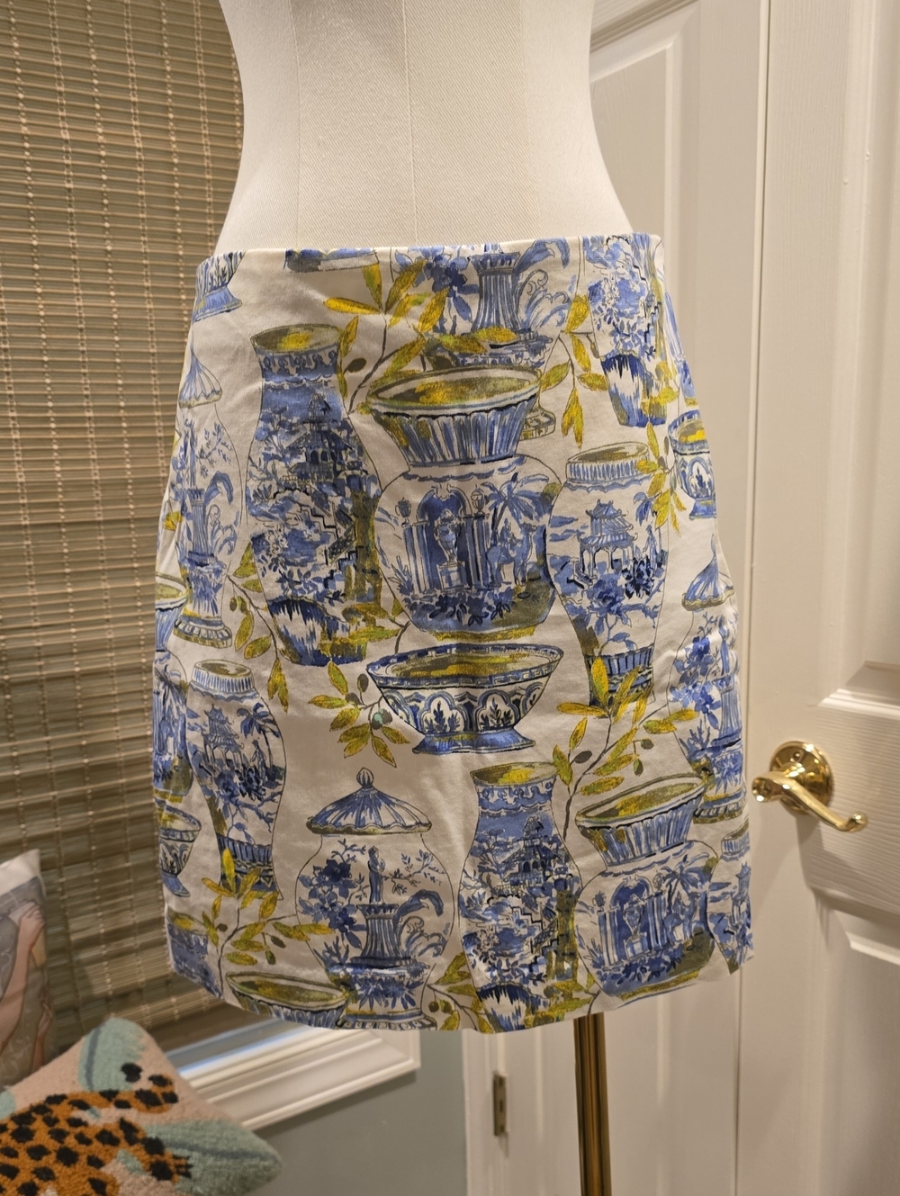 Talbots Blue, White & Olive Green Porcelain Print Mini Skirt